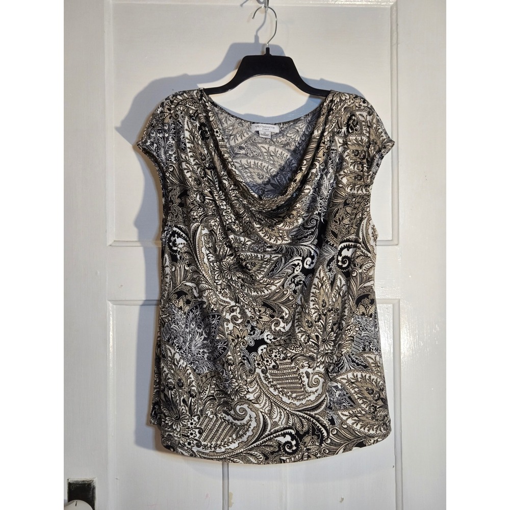 Liz Claiborne Woman Paisley Cowl Neck Top Black Tan White 2X Short Sleeve Blouse